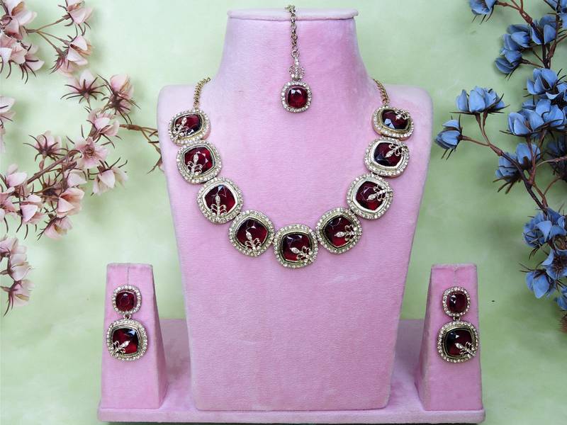 Maroon yellow gold premium designer american diamond and stone work necklace set