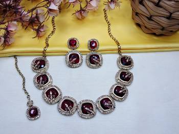 Maroon yellow gold premium designer american diamond and stone work necklace set 2