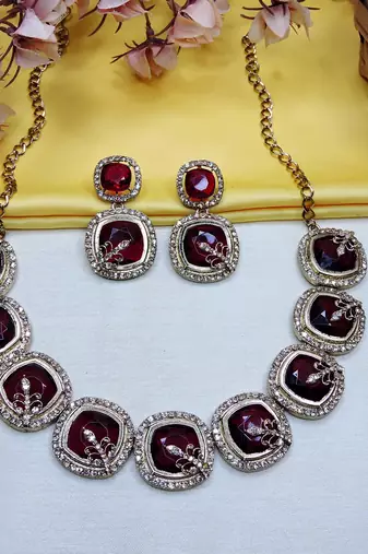Maroon yellow gold premium designer american diamond and stone work necklace set