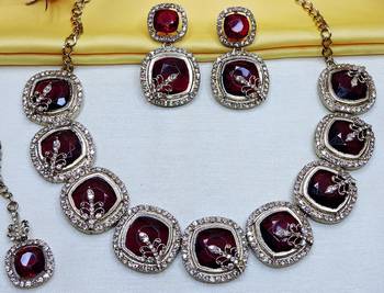 Maroon yellow gold premium designer american diamond and stone work necklace set 3