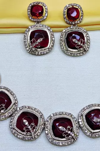 Maroon yellow gold premium designer american diamond and stone work necklace set
