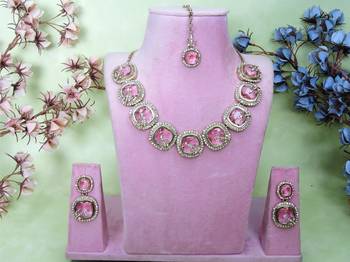Pink yellow gold premium designer american diamond and stone work necklace set 1