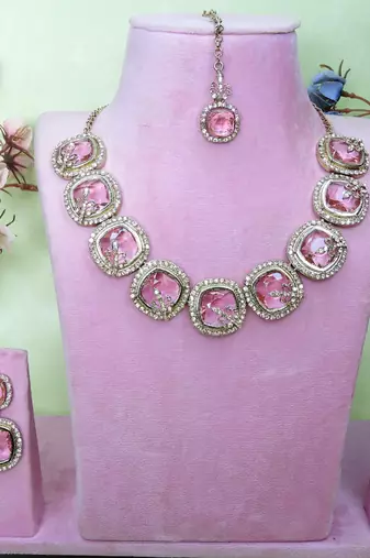 Pink yellow gold premium designer american diamond and stone work necklace set