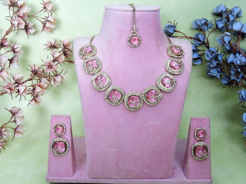Pink yellow gold premium designer american diamond and stone work necklace set