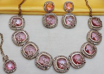 Pink yellow gold premium designer american diamond and stone work necklace set 2