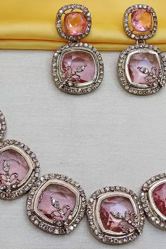 Pink yellow gold premium designer american diamond and stone work necklace set