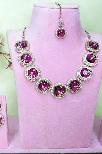 Purple yellow gold premium designer american diamond and stone work necklace set