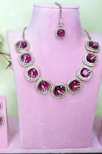 Purple yellow gold premium designer american diamond and stone work necklace set
