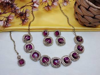 Purple yellow gold premium designer american diamond and stone work necklace set 2