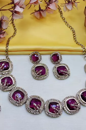 Purple yellow gold premium designer american diamond and stone work necklace set
