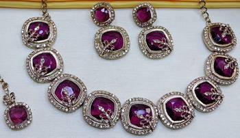 Purple yellow gold premium designer american diamond and stone work necklace set 3
