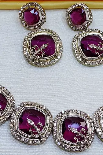 Purple yellow gold premium designer american diamond and stone work necklace set