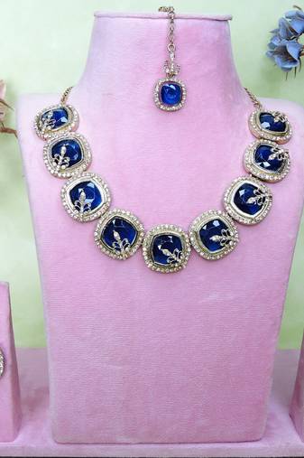 Blue yellow gold premium designer american diamond and stone work necklace set