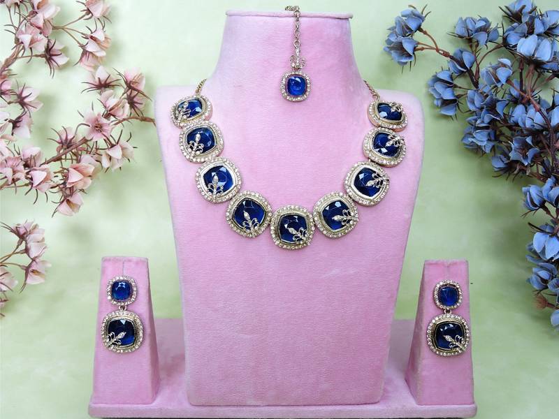 Blue yellow gold premium designer american diamond and stone work necklace set