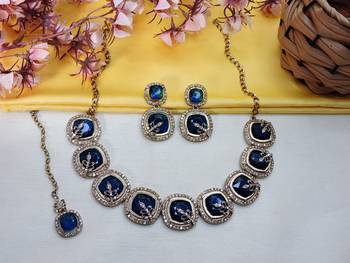 Blue yellow gold premium designer american diamond and stone work necklace set 2