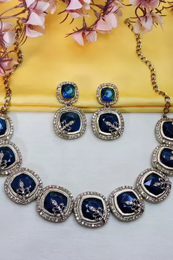 Blue yellow gold premium designer american diamond and stone work necklace set