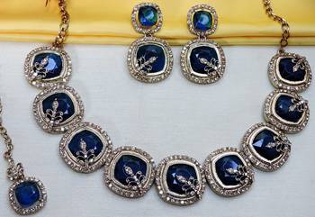 Blue yellow gold premium designer american diamond and stone work necklace set 3