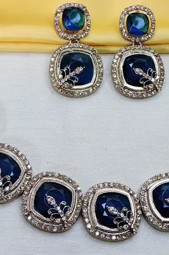 Blue yellow gold premium designer american diamond and stone work necklace set