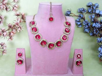 Pink yellow gold premium designer american diamond and stone work necklace set 1