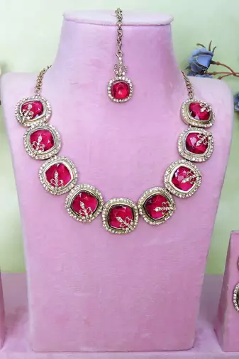 Pink yellow gold premium designer american diamond and stone work necklace set