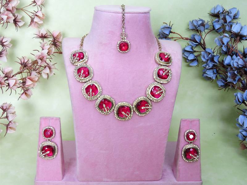 Pink yellow gold premium designer american diamond and stone work necklace set