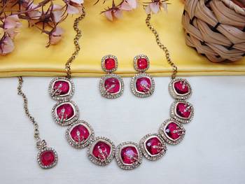 Pink yellow gold premium designer american diamond and stone work necklace set 2