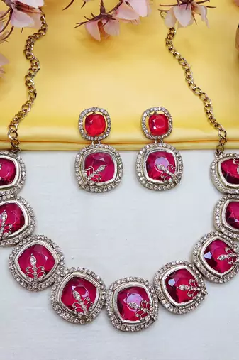 Pink yellow gold premium designer american diamond and stone work necklace set