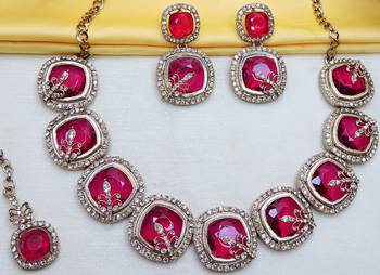 Pink yellow gold premium designer american diamond and stone work necklace set 3
