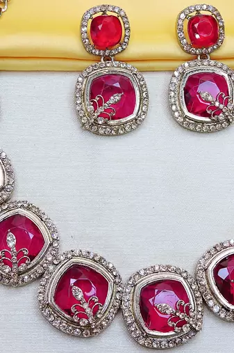 Pink yellow gold premium designer american diamond and stone work necklace set