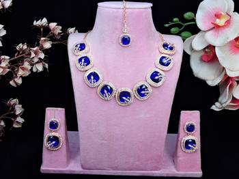 Blue rose gold premium designer american diamond and stone work necklace set 1