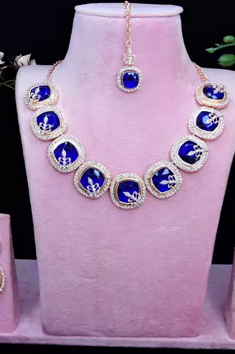 Blue rose gold premium designer american diamond and stone work necklace set