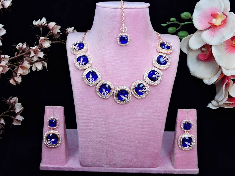 Blue rose gold premium designer american diamond and stone work necklace set