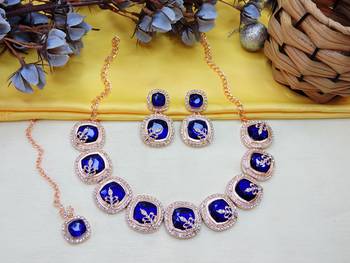 Blue rose gold premium designer american diamond and stone work necklace set 2