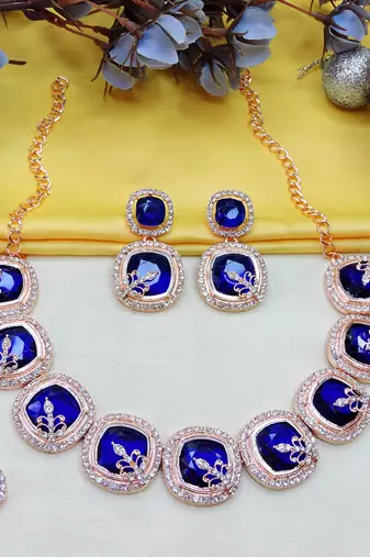 Blue rose gold premium designer american diamond and stone work necklace set