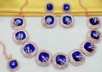 Blue rose gold premium designer american diamond and stone work necklace set 3