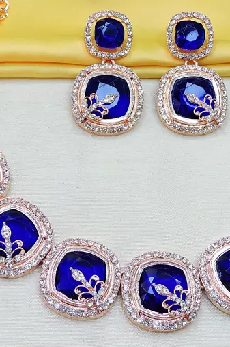 Blue rose gold premium designer american diamond and stone work necklace set