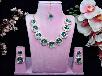 Green rose gold premium designer american diamond and stone work necklace set 1