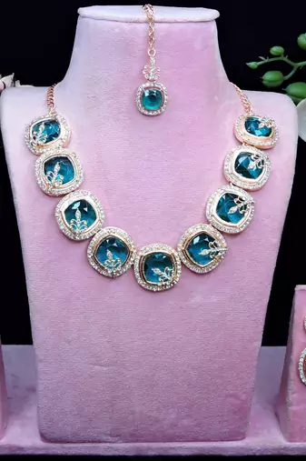 Green rose gold premium designer american diamond and stone work necklace set