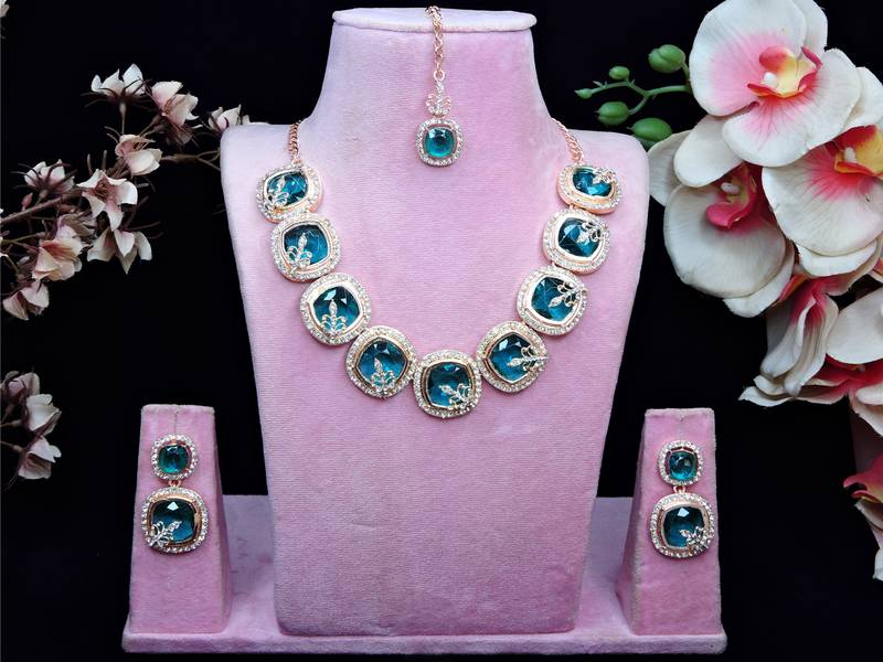 Green rose gold premium designer american diamond and stone work necklace set