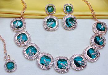 Green rose gold premium designer american diamond and stone work necklace set 2