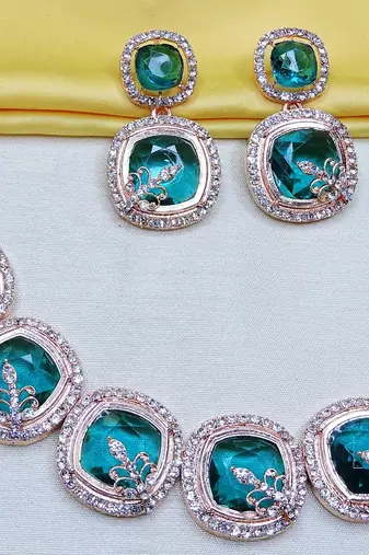 Green rose gold premium designer american diamond and stone work necklace set