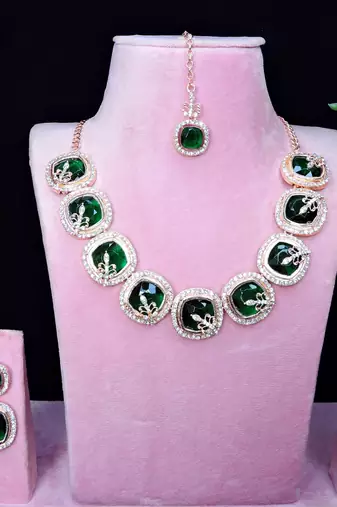 Green rose gold premium designer american diamond and stone work necklace set