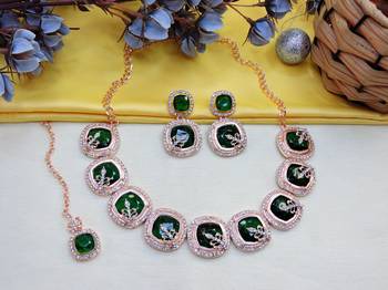Green rose gold premium designer american diamond and stone work necklace set 2