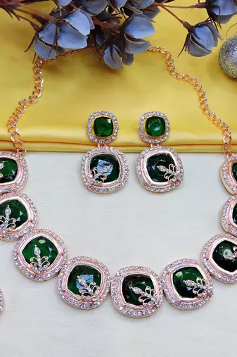 Green rose gold premium designer american diamond and stone work necklace set