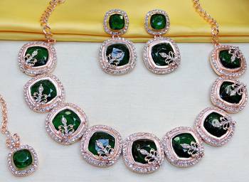Green rose gold premium designer american diamond and stone work necklace set 3