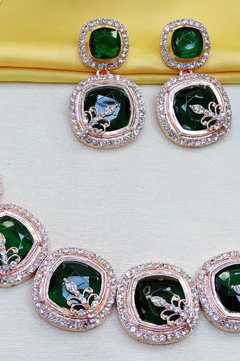 Green rose gold premium designer american diamond and stone work necklace set