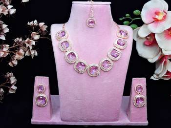 Purple rose gold premium designer american diamond and stone work necklace set 1
