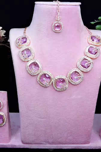 Purple rose gold premium designer american diamond and stone work necklace set