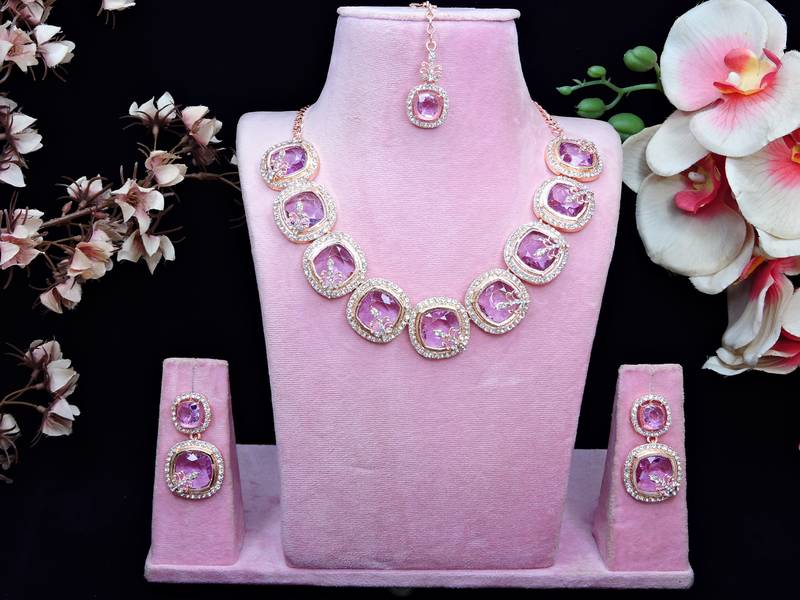 Purple rose gold premium designer american diamond and stone work necklace set