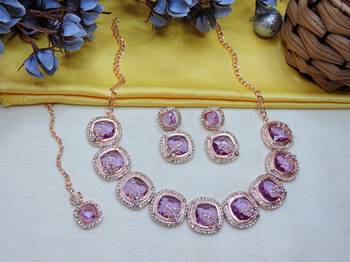 Purple rose gold premium designer american diamond and stone work necklace set 2